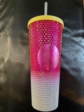 Starbucks Hot Pink to White Studded Tumbler with Yellow Lid